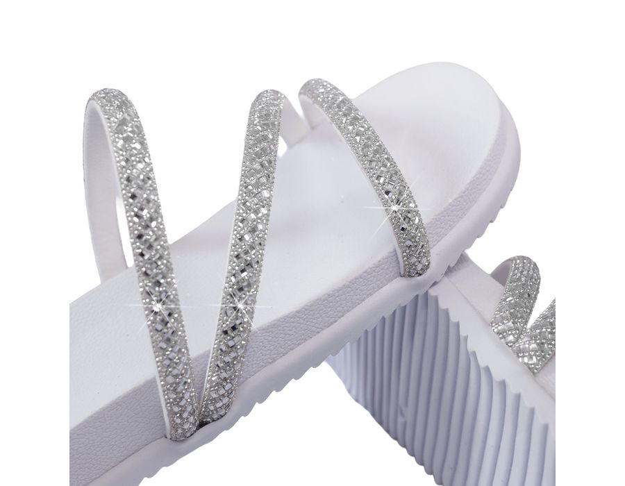 Sandália Rasteira Feminina com Pedrarias e Brilho Branca