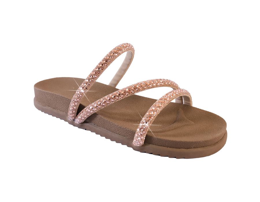 Sandália Rasteira Feminina com Pedrarias e Brilho Nude