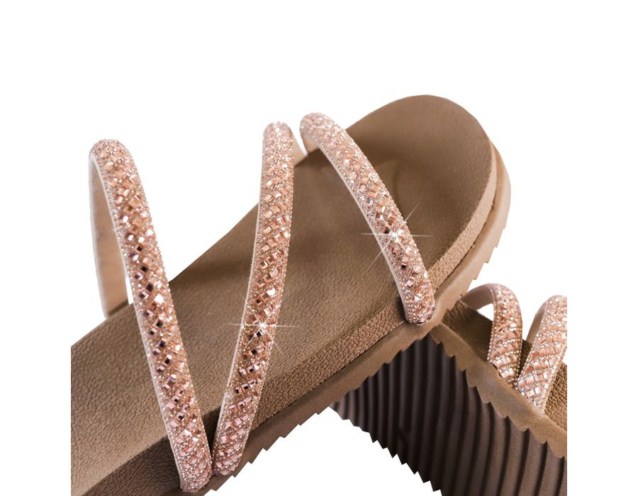 Sandália Rasteira Feminina com Pedrarias e Brilho Nude