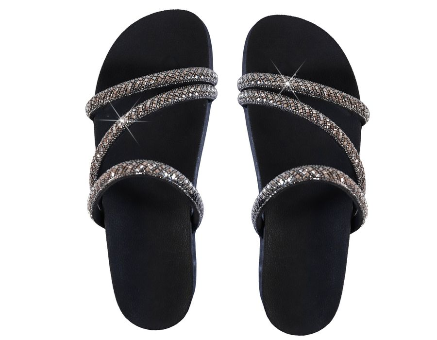 Sandália Rasteira Feminina com Pedrarias e Brilho Preto