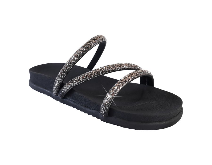 Sandália Rasteira Feminina com Pedrarias e Brilho Preto