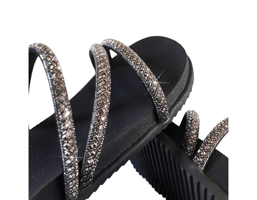 Sandália Rasteira Feminina com Pedrarias e Brilho Preto