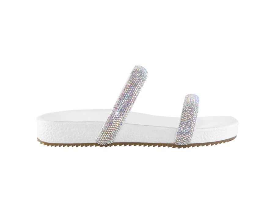Sandália Rasteira Feminina com Pedrarias em Tiras Branca