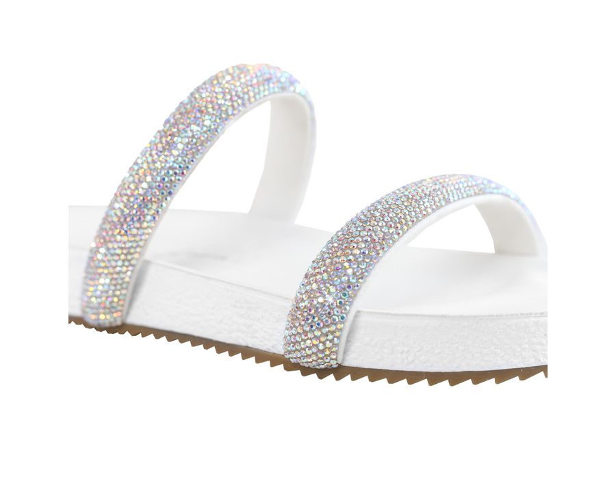 Sandália Rasteira Feminina com Pedrarias em Tiras Branca
