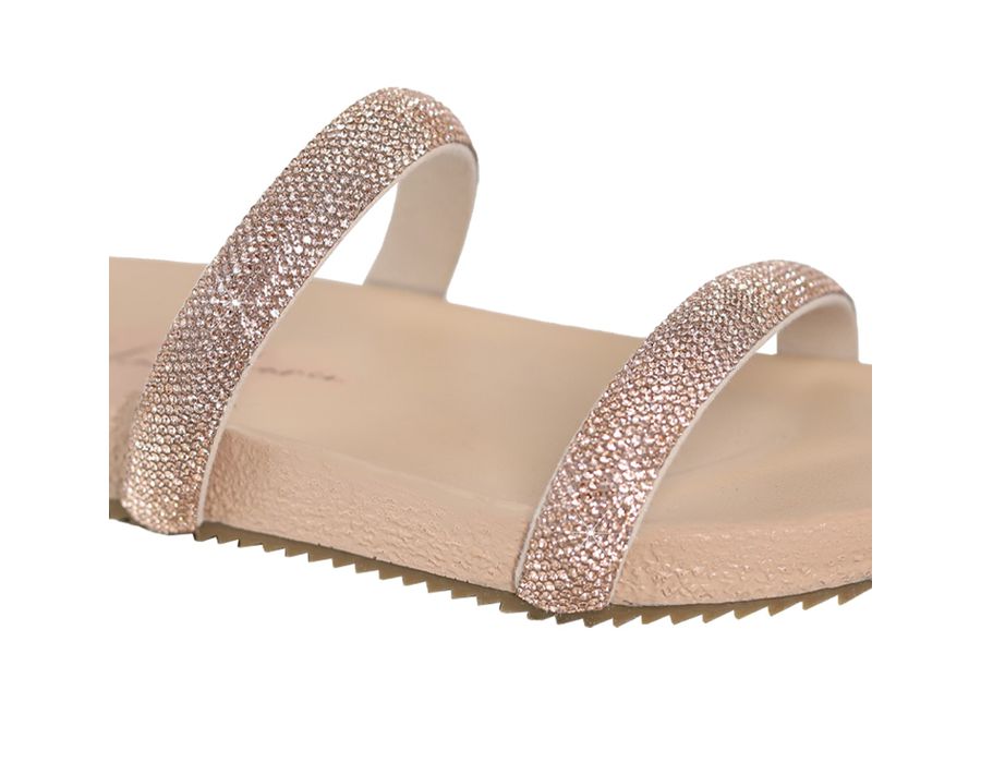 Sandália Rasteira Feminina com Pedrarias em Tiras Nude