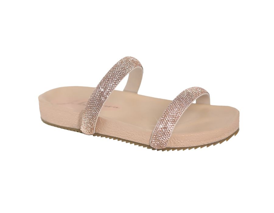 Sandália Rasteira Feminina com Pedrarias em Tiras Nude