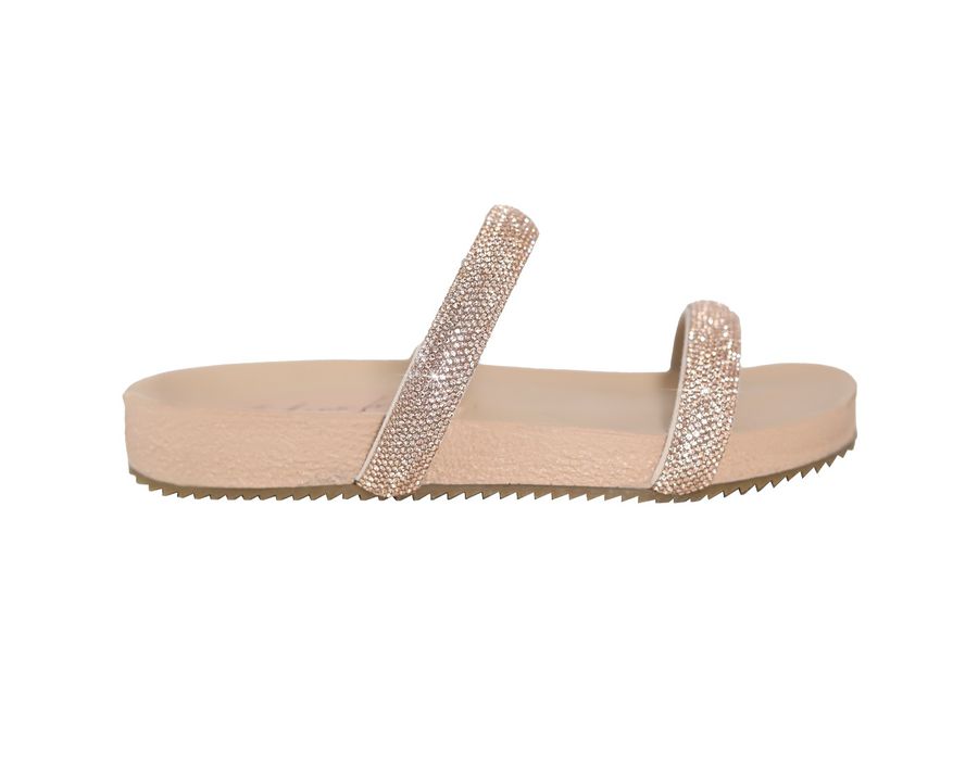 Sandália Rasteira Feminina com Pedrarias em Tiras Nude