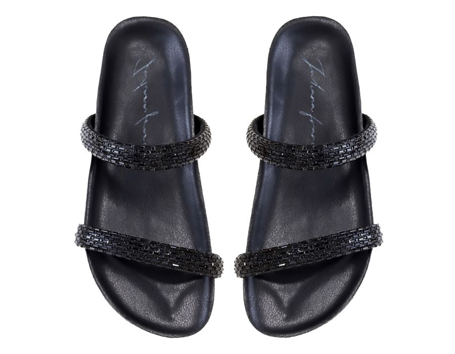 Sandália Rasteira Feminina com Pedrarias em Tiras Preto