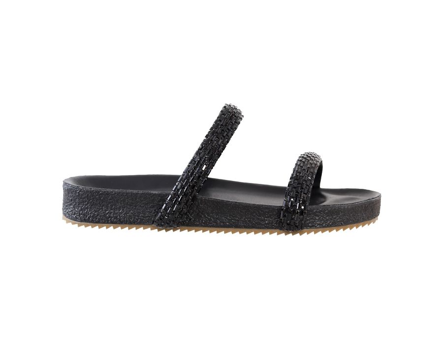 Sandália Rasteira Feminina com Pedrarias em Tiras Preto