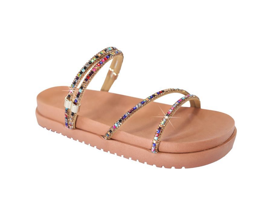 Sandália Rasteira Feminina com Pedrarias Coloridas Brilho Intenso Bege