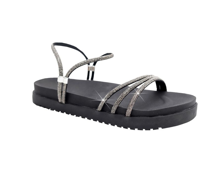 Sandália Rasteira Feminina com Pedrarias Coloridas Brilho Intenso Preto