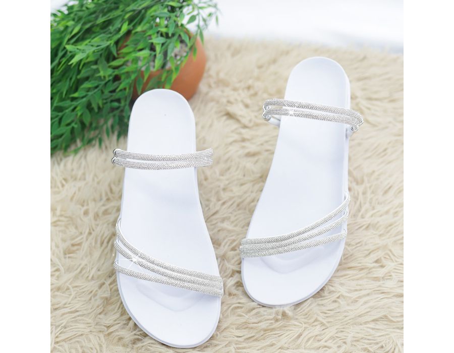 Sandália Rasteira Feminina com Pedrarias Coloridas Brilho Intenso Branca