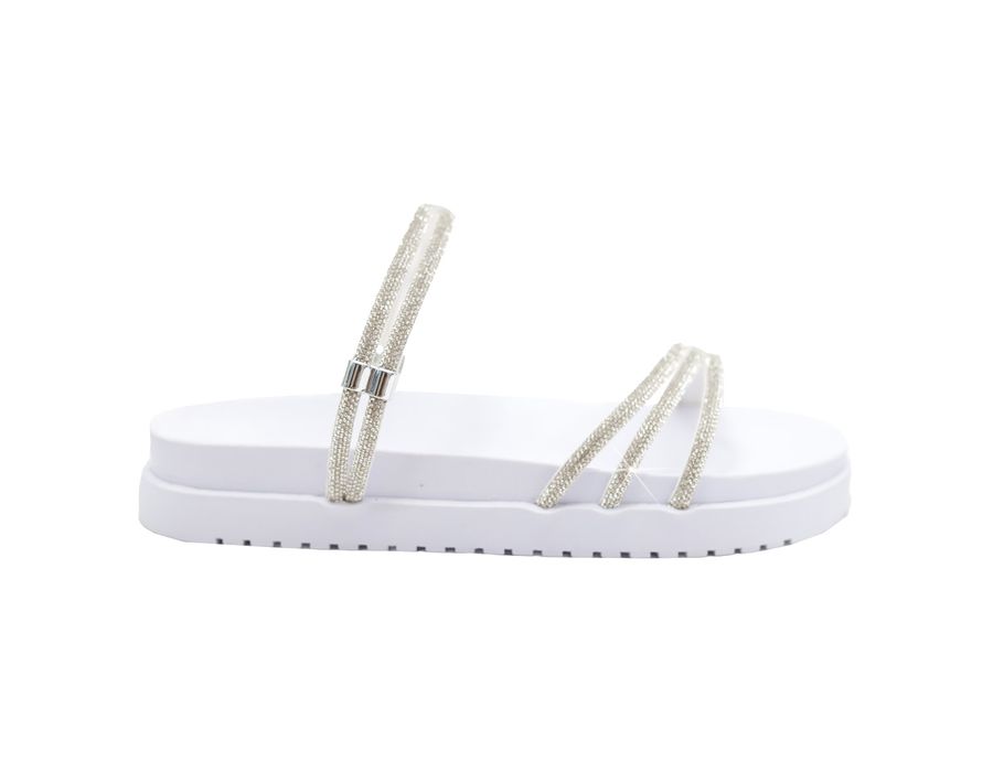 Sandália Rasteira Feminina com Pedrarias Coloridas Brilho Intenso Branca