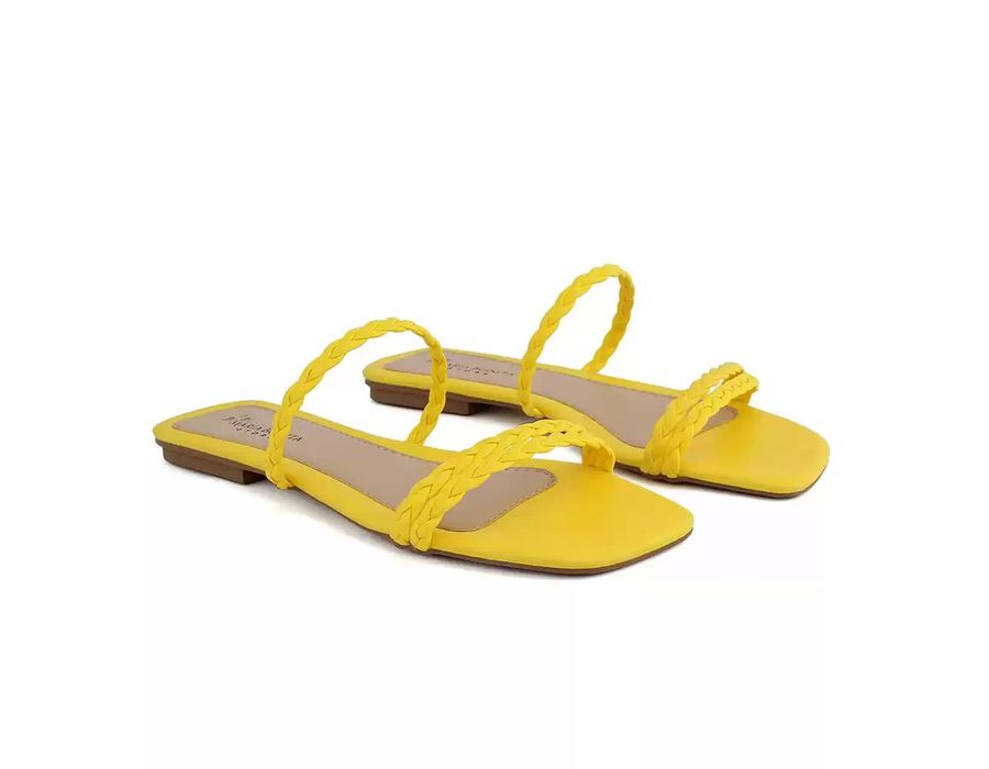 Sandália Rasteira Dk Shoes Bico Quadrado Trança Amarela