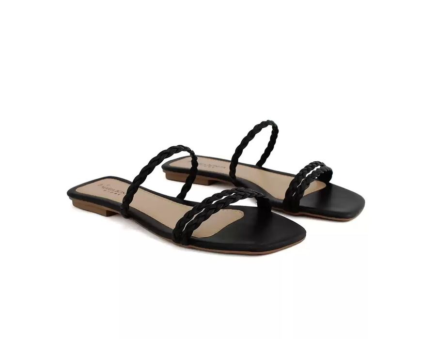 Sandália Rasteira Dk Shoes Bico Quadrado Trança Preto