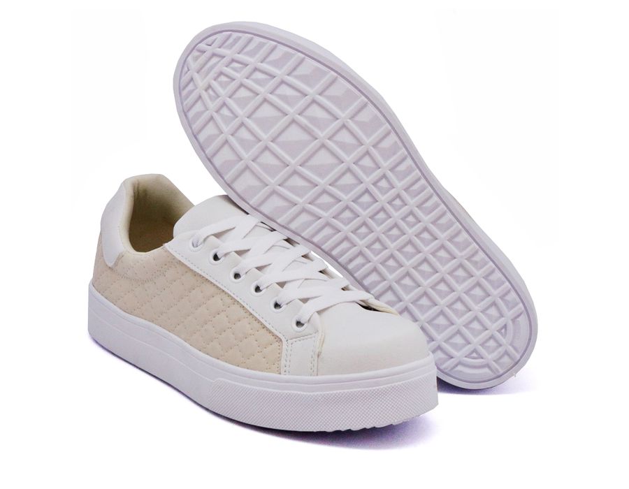 Tênis Casual Costura Matelassê Dk Shoes Branco e Bege