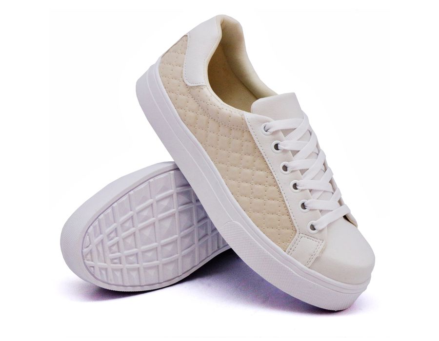 Tênis Casual Costura Matelassê Dk Shoes Branco e Bege