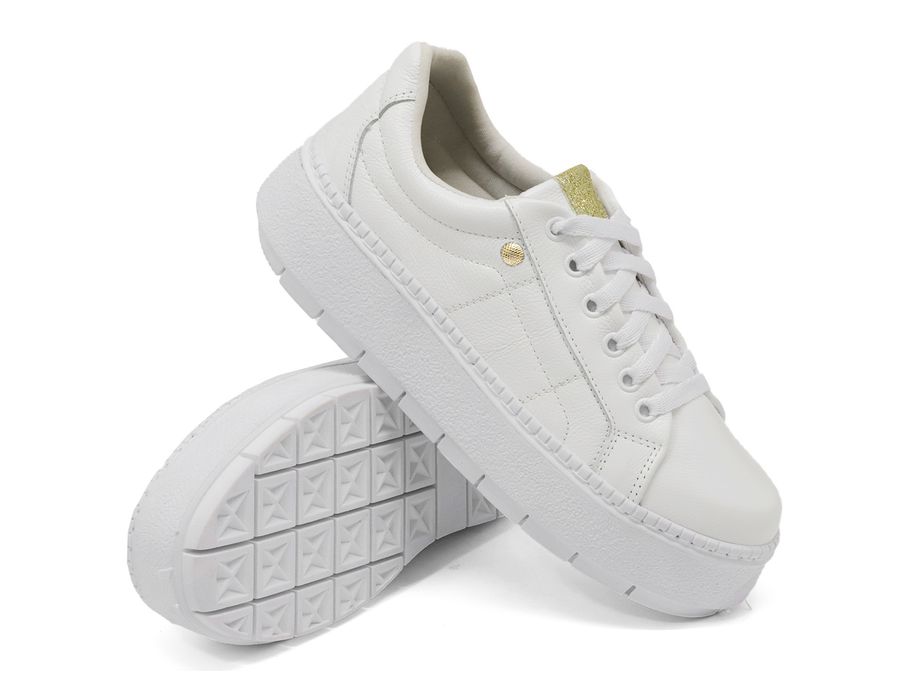 Tênis Casual Flat Amarrar Glitter DK Shoes Off White Couro Legítimo