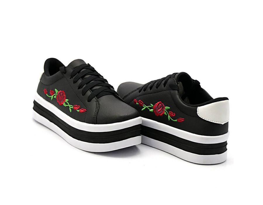 Tênis Casual Flat Form Detalhe Bordado Lateral DK Shoes Preto