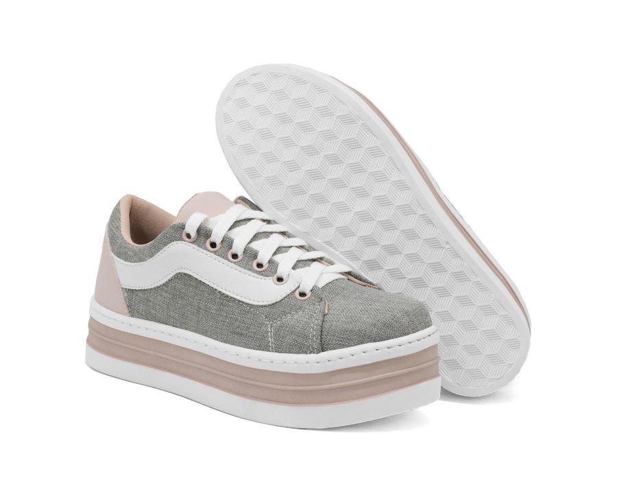 Tênis Casual Flat Form Amarrar detalhe Lateral DK Shoes Branco e Cinza