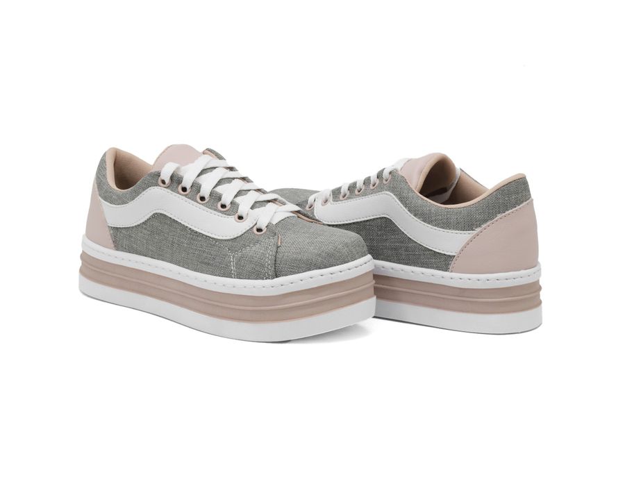Tênis Casual Flat Form Amarrar detalhe Lateral DK Shoes Branco e Cinza