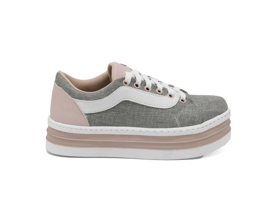 Tênis Casual Flat Form Amarrar detalhe Lateral DK Shoes Branco e Cinza