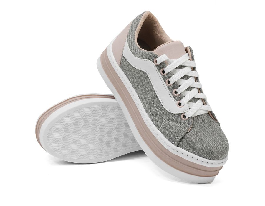 Tênis Casual Flat Form Amarrar detalhe Lateral DK Shoes Branco e Cinza