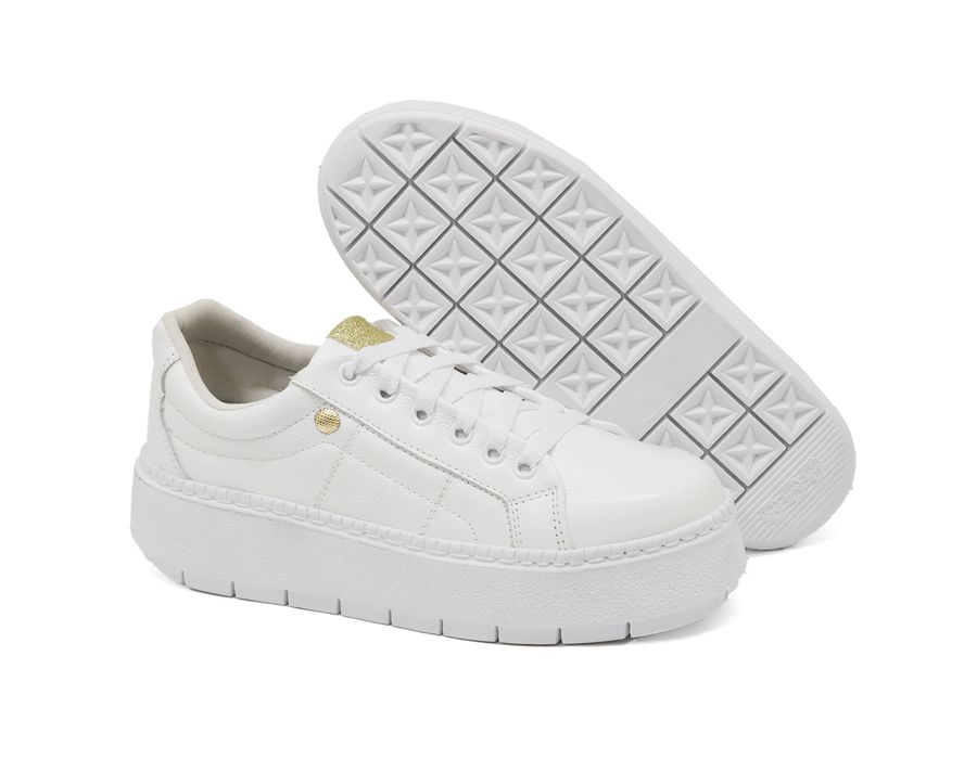 Tênis Casual Flat Amarrar Glitter DK Shoes Off White Couro Legítimo