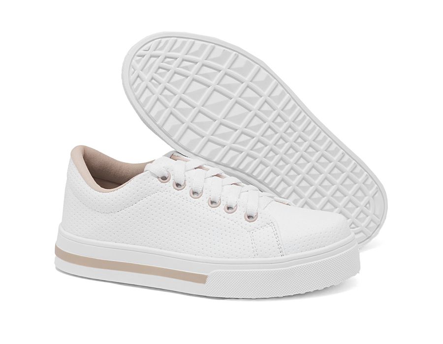 Tênis Casual DK Shoes Perfurado com Cadarço Branco Detalhe Rose