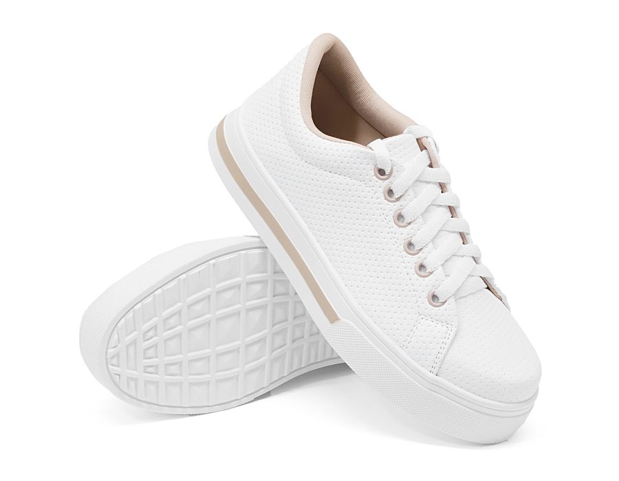Tênis Casual DK Shoes Perfurado com Cadarço Branco Detalhe Rose