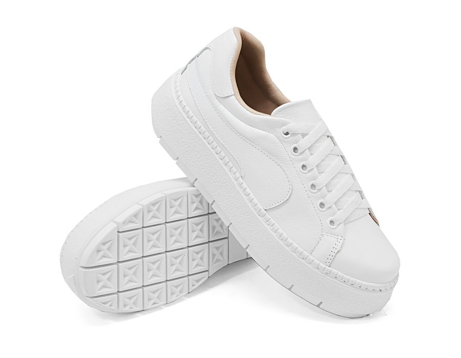 Tênis Feminino Solado Alto Couro Legítimo Bovino Branco