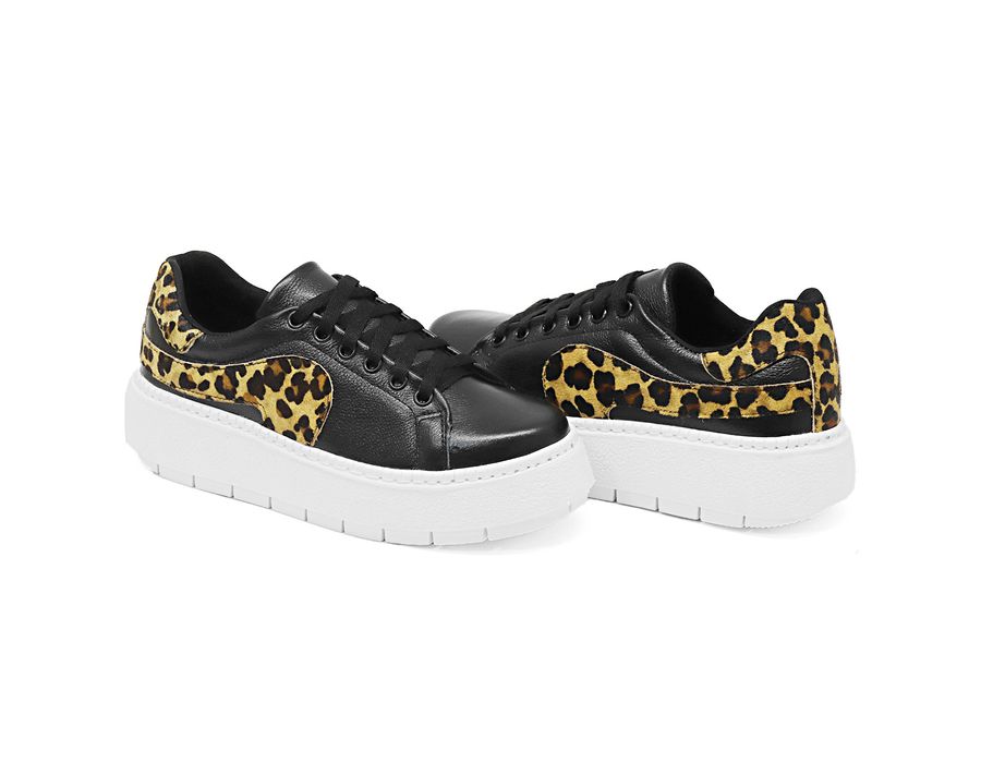 Tênis Feminio Solado Alto Couro Legítimo Bovino Preto 