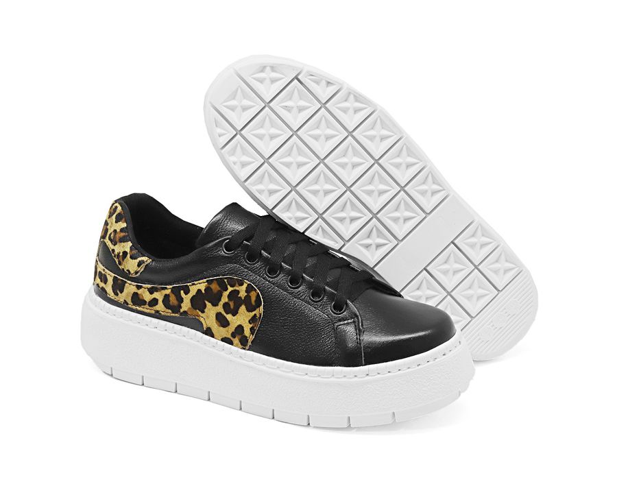 Tênis Feminio Solado Alto Couro Legítimo Bovino Preto 