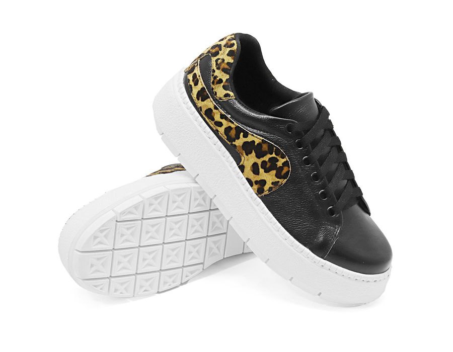 Tênis Feminio Solado Alto Couro Legítimo Bovino Preto 