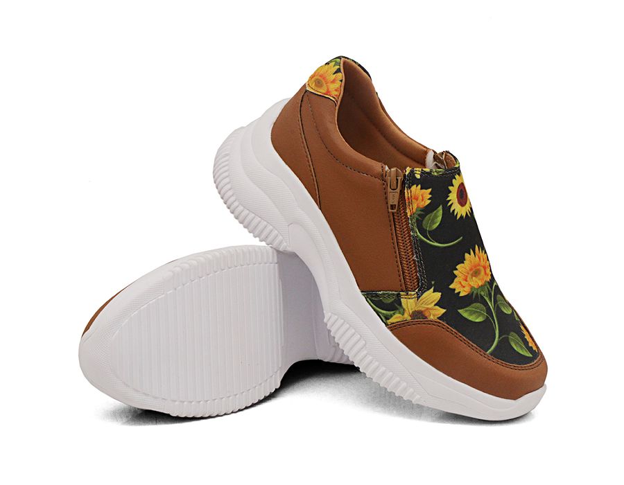 Tênis Slip On Zíperes Chunky Estampa Girassol DK Caramelo