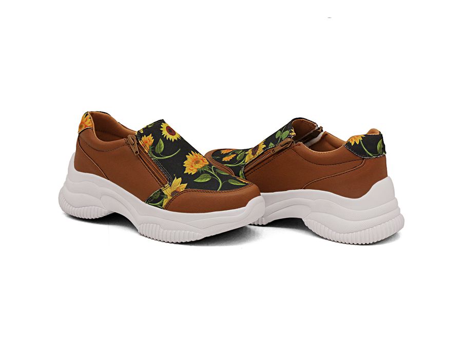 Tênis Slip On Zíperes Chunky Estampa Girassol DK Caramelo