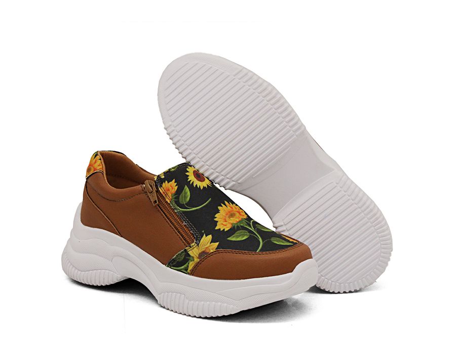 Tênis Slip On Zíperes Chunky Estampa Girassol DK Caramelo