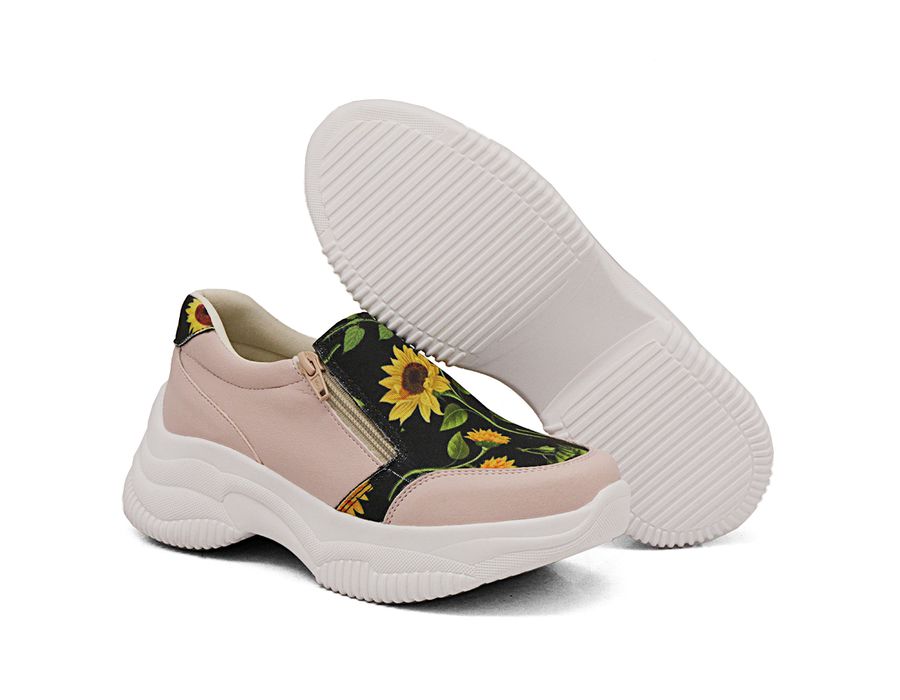Tênis Slip On Zíperes Chunky Estampa Girassol DK Rosê