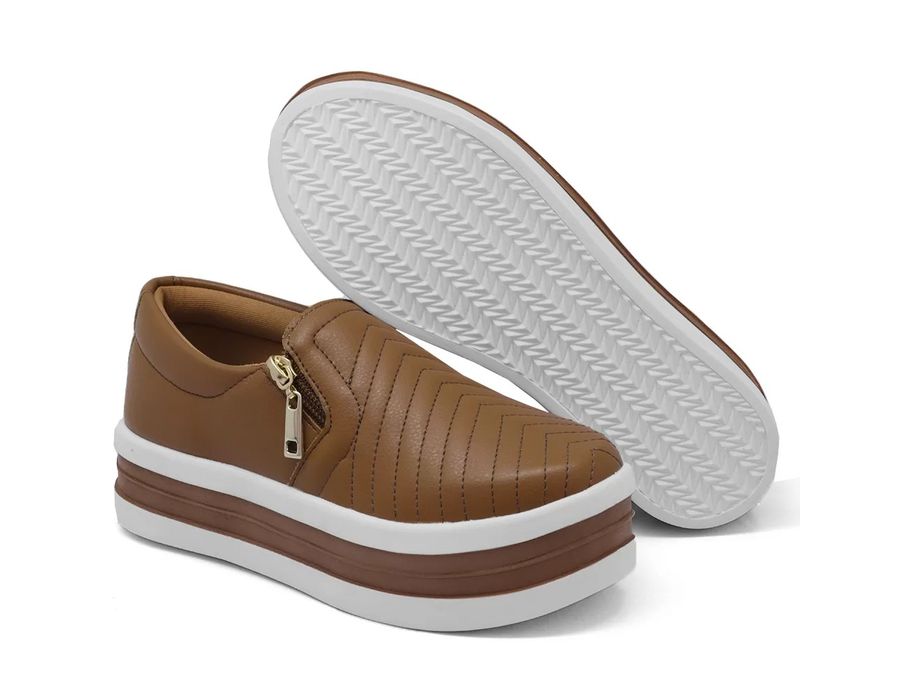 Tênis Zíper Slip Calce Facil Caramelo Detalhes Costura Frontal 