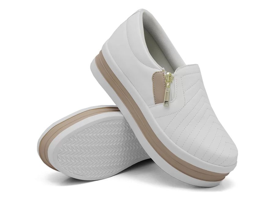 Tênis Slip On Fecho em Zíper Branco Rose Sola Alta Confortável