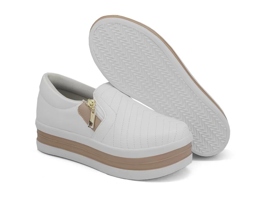 Tênis Slip On Fecho em Zíper Branco Rose Sola Alta Confortável