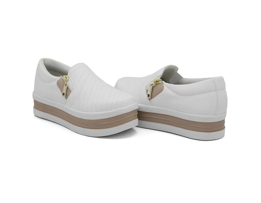 Tênis Slip On Fecho em Zíper Branco Rose Sola Alta Confortável