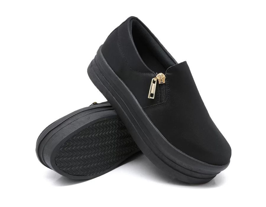 Tênis Slip On Fechamento Zíper Calce Fácil Sola Alta Toda Preta Dk Shoes