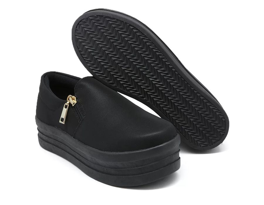Tênis Slip On Fechamento Zíper Calce Fácil Sola Alta Toda Preta Dk Shoes
