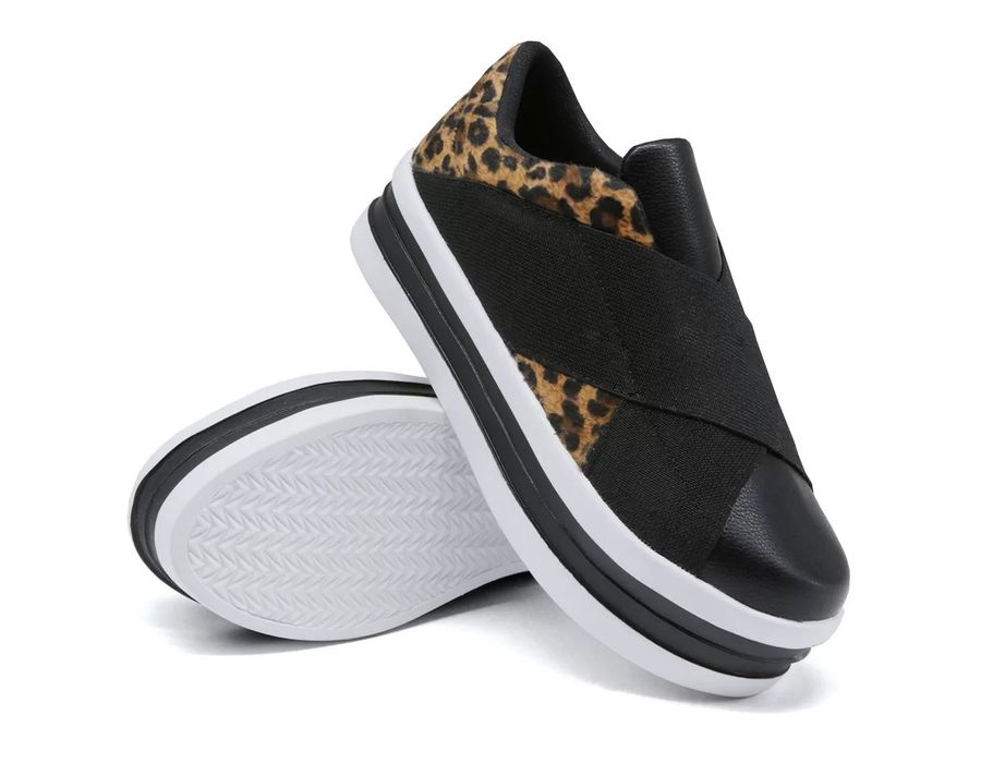 Tênis Dk Shoes Slip On Casual Elástico Preto E Onça