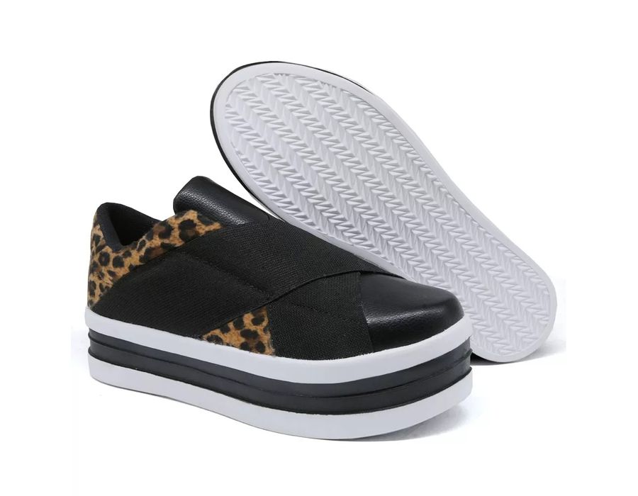 Tênis Dk Shoes Slip On Casual Elástico Preto E Onça