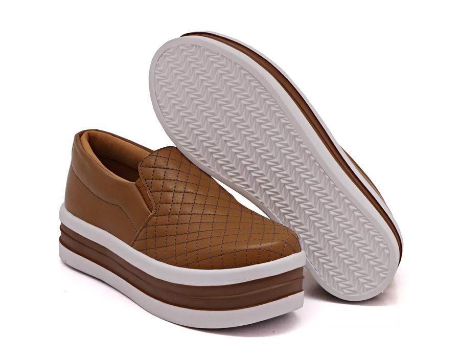 Tênis Dk Shoes Slip On Costura Matelassê Flat Form Caramelo