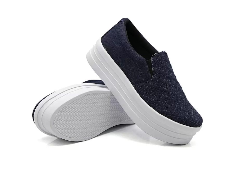 Tênis Dk Shoes Slip On Costura Matelassê Flat Form Jeans Escuro