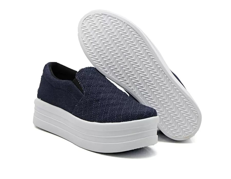 Tênis Dk Shoes Slip On Costura Matelassê Flat Form Jeans Escuro