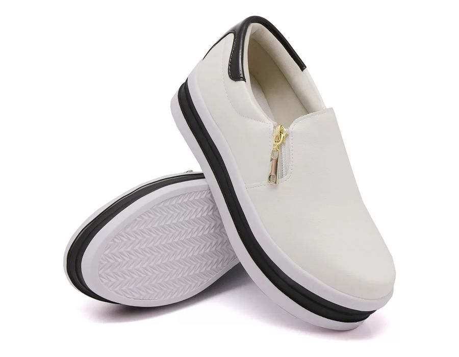 Tênis Feminino Dk Shoes Zíper Duas Cores Plataforma Branco Preto